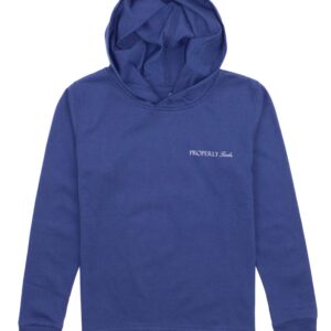 Blue pullover hoodie with small logo on chest.