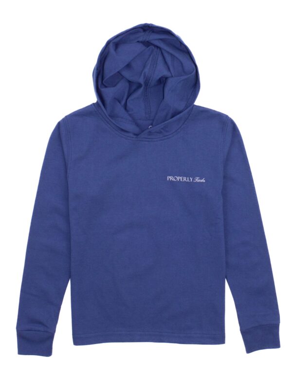 Blue pullover hoodie with small logo on chest.