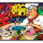 Cartoon seafood and meats dinner with characters