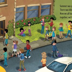 Children going to school with backpacks and bus.