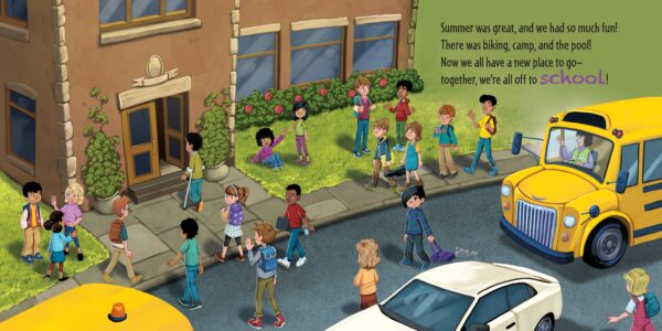 sourcebooks how to catch a class pet (hc) Children going to school with backpacks and bus.