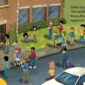 Children going to school with backpacks and bus.