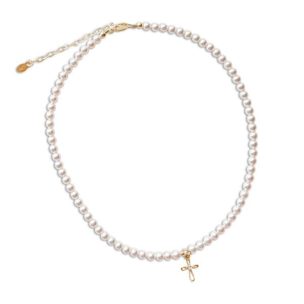 cherished moments girls 14k gold plated first communion kids cross necklace Pearl necklace with gold cross pendant.