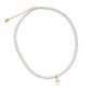 Pearl necklace with gold cross pendant.
