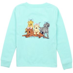Aqua shirt with illustrated dogs wearing bows.