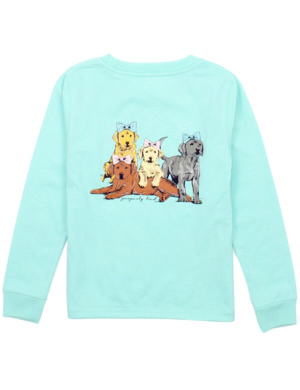 Aqua shirt with illustrated dogs wearing bows.