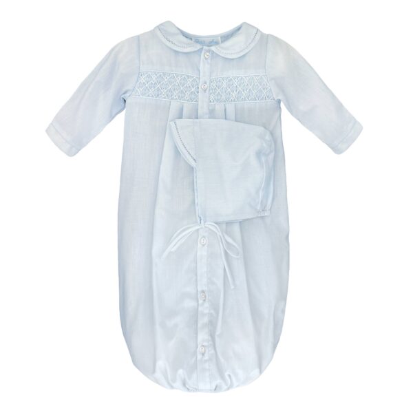 petit ami & zubels neutral smocked bag Light blue baby gown with bonnet