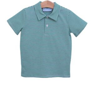 Green striped polo shirt hanging on wooden hanger.
