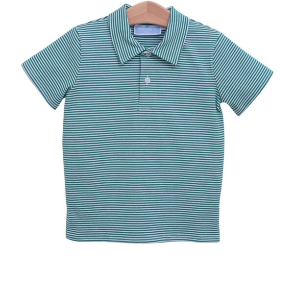 trotter street kids henry polo kelly green Green striped polo shirt hanging on wooden hanger.