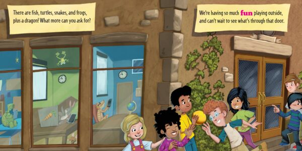sourcebooks how to catch a class pet (hc) Kids enjoying playtime outside, animals in classroom windows.