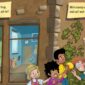 Kids enjoying playtime outside, animals in classroom windows.