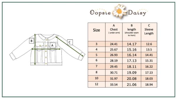 oopsie daisy kids leopard patch & light wash denim button pocket jacket Size chart with jacket measurement guide