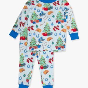 Kids Christmas pajama set with festive patterns.