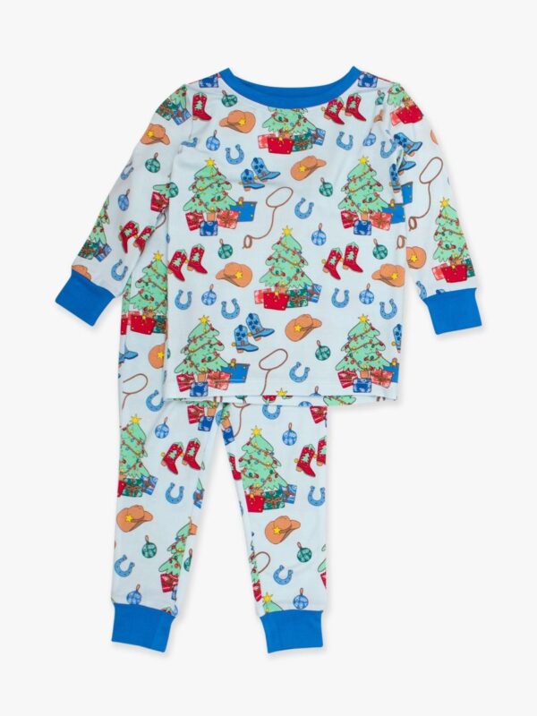 Kids Christmas pajama set with festive patterns.