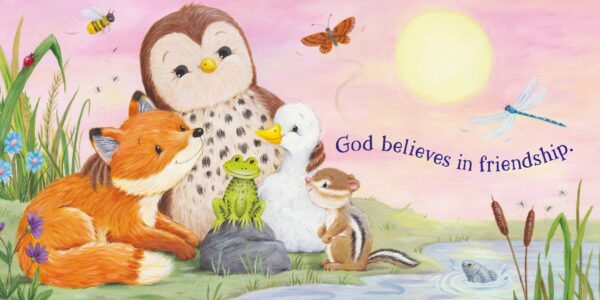kidsbooks publishing god believes in me Illustration of animals and insects in nature scene.