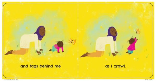 sourcebooks grandma and me (bb) Child crawling with adult, reaching for butterfly.