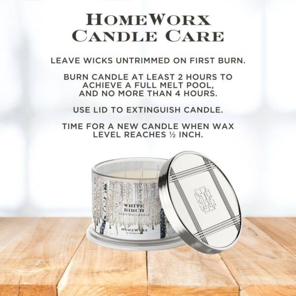 homeworx by slatkin + co. white birch 4 wick candle HomeWorx candle care instructions and white birch candle.
