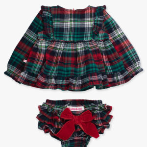 Festive plaid baby dress with matching bloomers.