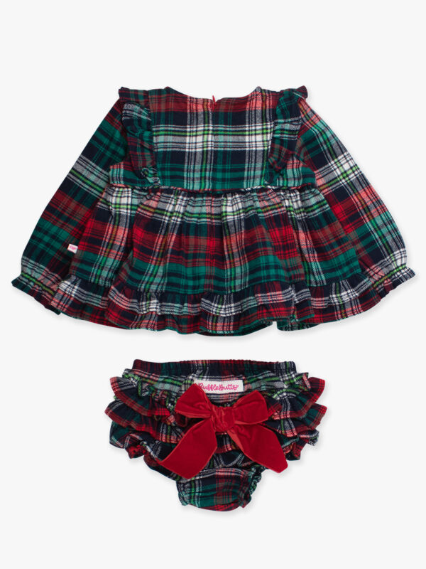 rufflebutts woven long sleeve waterfall bow swing top & bloomer set Festive plaid baby dress with matching bloomers.