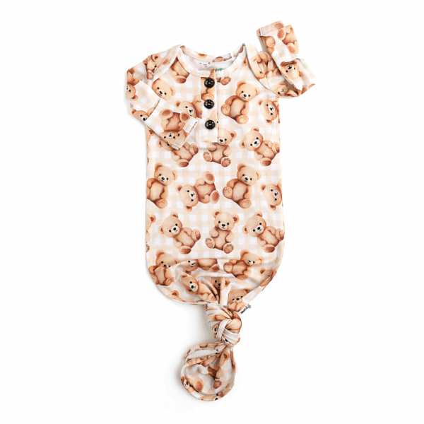 gigi and max teddy gown newborn bamboo bear outfit baby gift Baby sleeper gown with teddy bear pattern.