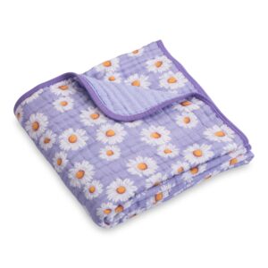 Purple blanket with white daisies folded neatly.