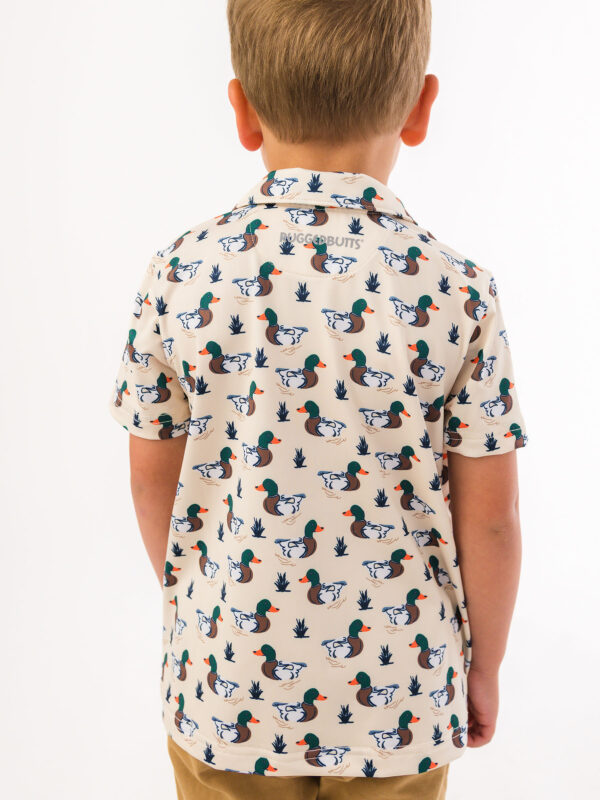 ruggedbutts mallard marsh active polo Child's duck-patterned shirt, rear view