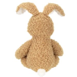 Fuzzy brown plush bunny toy, back view.