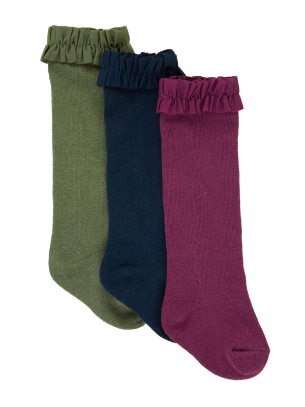 Three colorful ruffled top socks.