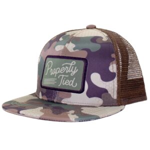 Camouflage trucker hat with 'Properly Tied' logo.
