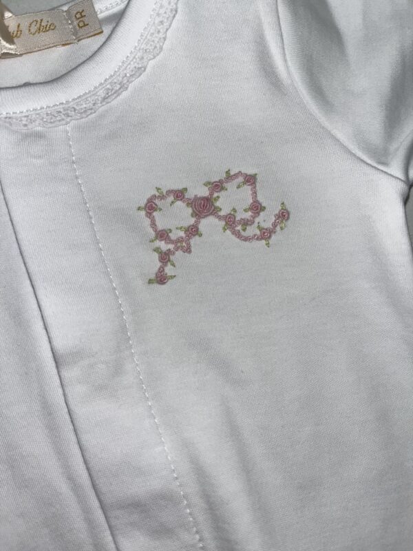 baby chic club pretty lace bow footie White garment with pink floral embroidery design