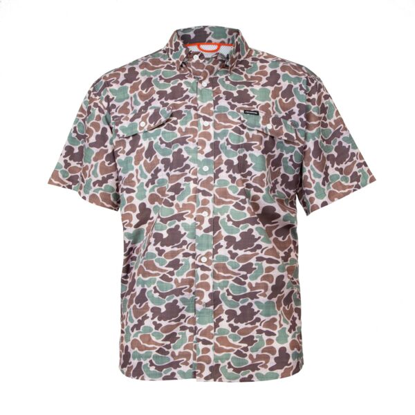 Camouflage short sleeve button-up shirt front view.