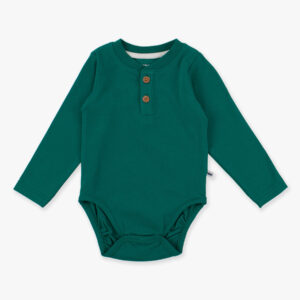 Green baby bodysuit with buttons, long sleeves.