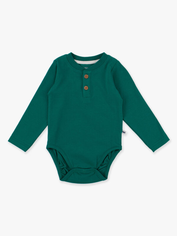 Green baby bodysuit with buttons, long sleeves.