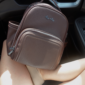 Brown backpack on person's lap in car