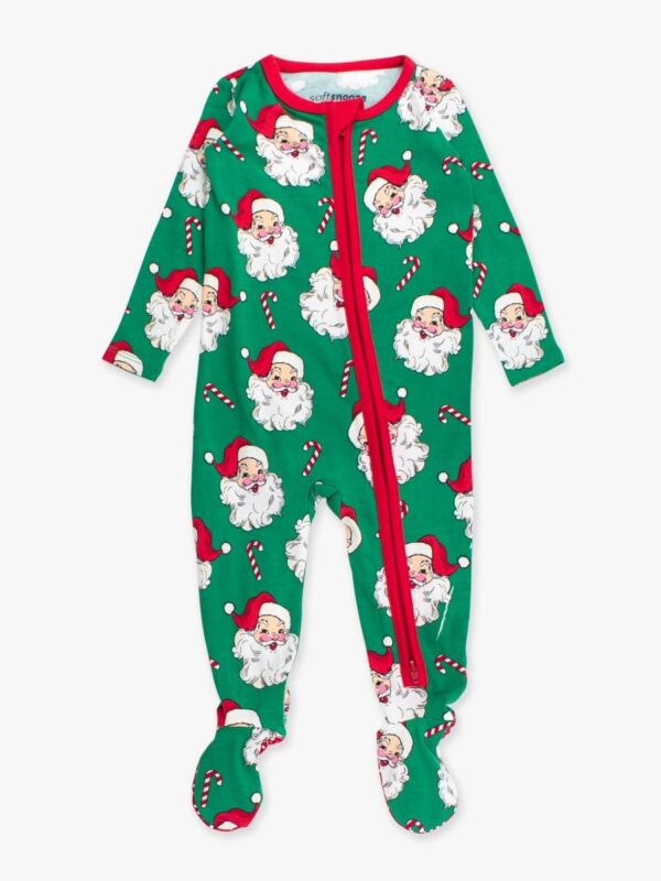 rufflebutts green santa joy long sleeve pajama set Green Santa-themed Christmas onesie for babies.