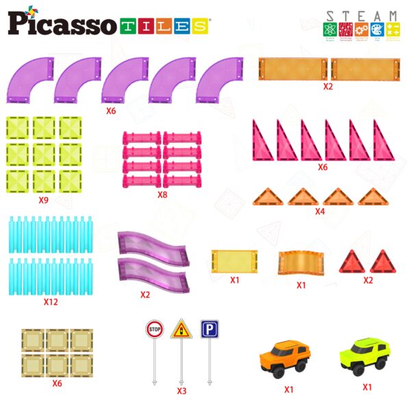 picassotiles 60pc magnet tile race track set led car travel size Picasso Tiles colorful construction pieces and toy cars.