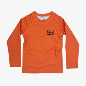Orange long-sleeve rash guard with logo.