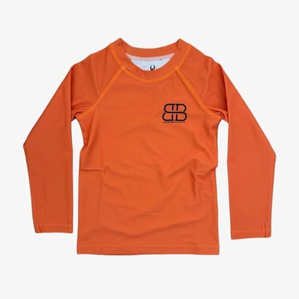 velvet fawn rash guard + jackson swimmies tropicana tides Orange long-sleeve rash guard with logo.