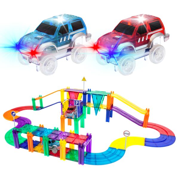picassotiles 50 piece racetrack Colorful toy cars and track with lights.