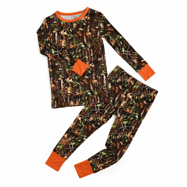 gigi and max hunter camo two piece no button bamboo outfit lounge Camo pajama set with orange accents