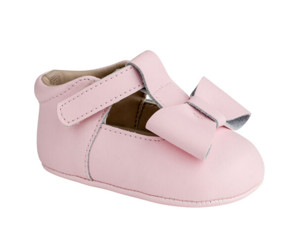 Pink baby shoe with bow and strap