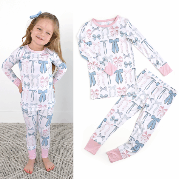 gigi and max samantha bows two piece no button bamboo kids lounge Girl wearing bow-patterned pajamas, matching set displayed.