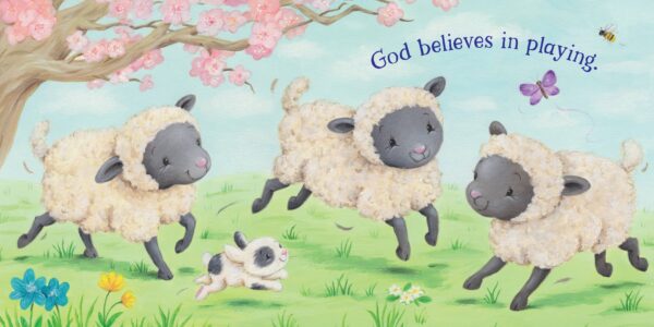 kidsbooks publishing god believes in me Lambs and puppy playing under blossoming tree.