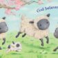 Lambs and puppy playing under blossoming tree.