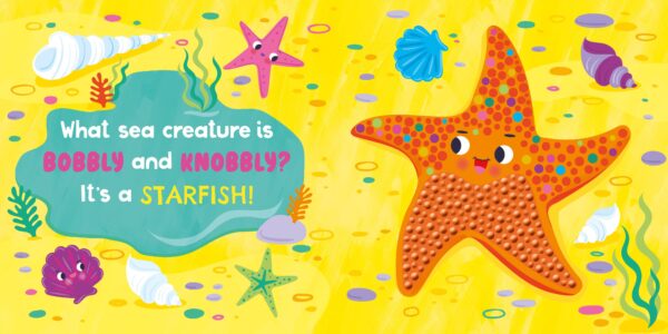 kidsbooks publishing i love the ocean (touch & feel board book) Illustration of a colorful starfish on a beach.