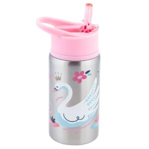Children's water bottle with swan design and pink lid.