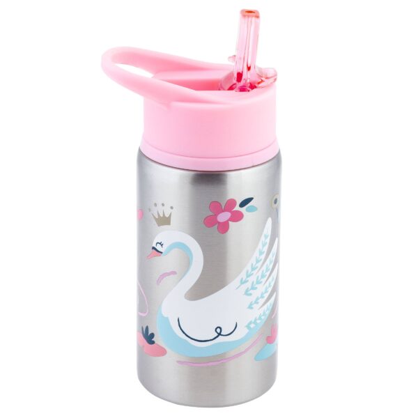 stephen joseph gifts stainless steel water bottles Children's water bottle with swan design and pink lid.