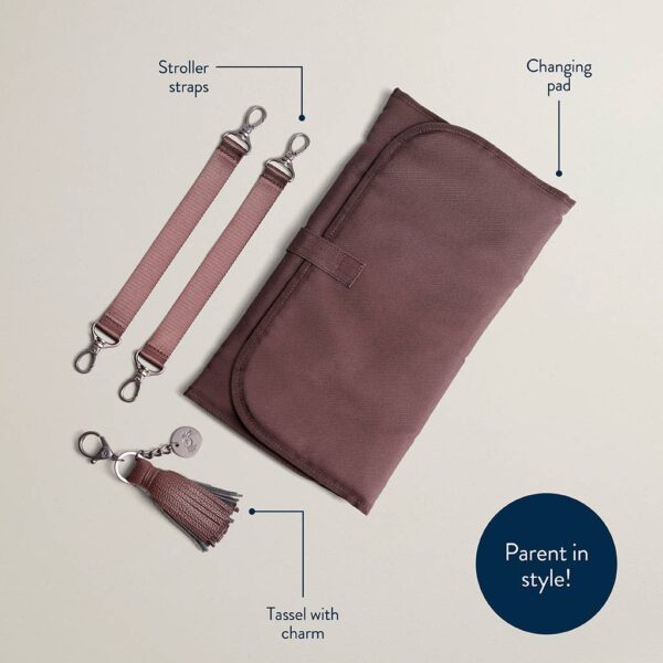itzy ritzy *new* espresso boss plus™ Brown changing pad set with stroller and tassel accessories.