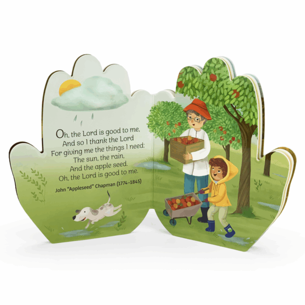 cottage door press god is good praying hands shaped board book Illustrated book page with poem and apple harvest scene.