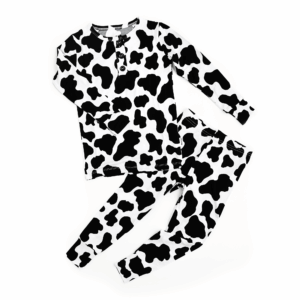 Cow print pajamas for kids, top and bottom set.